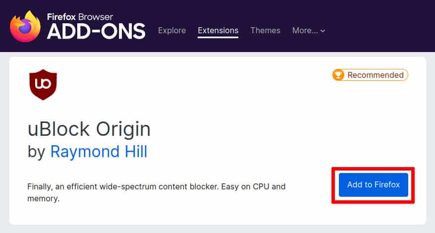 Add to Firefox button for uBlock Origin add-on
